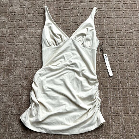 Susana Monaco Revolve Ruched Mini Dress Medium Off White Bodycon Y2K V Neck NWT